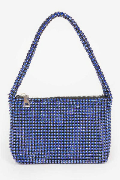 Small Hobo Bag blue rhinestone mesh shoulder bag with zipper top and short strap