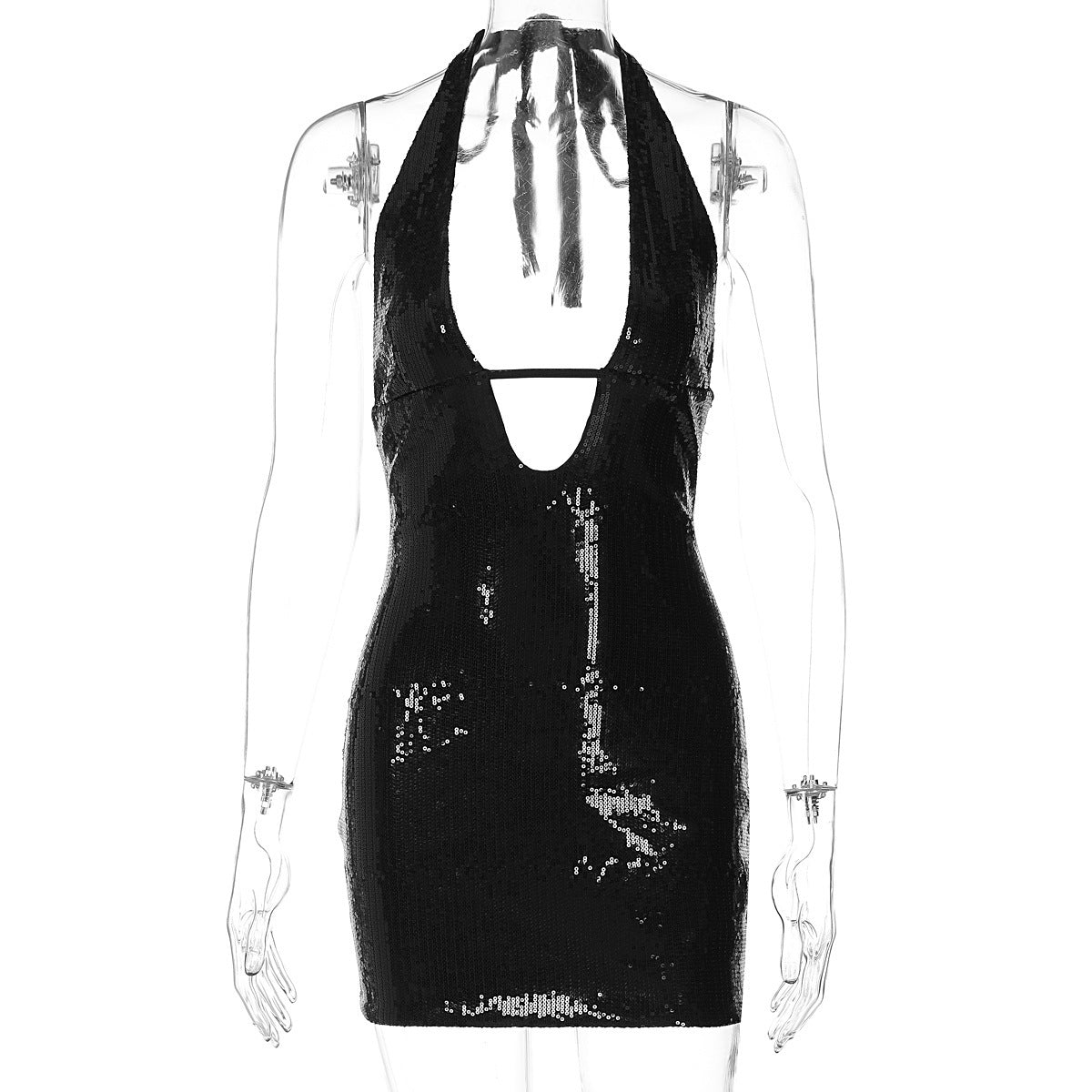 Trendsi black sequin halter neck Mini Party Dress with deep V front open back and fitted mini silhouette