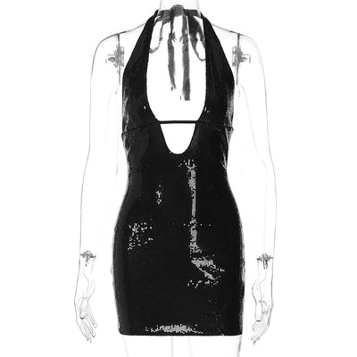 Trendsi black sequin halter neck Mini Party Dress with deep V front open back and fitted mini silhouette