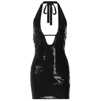 Trendsi black sequin halter neck bodycon Mini Party Dress with deep plunge and tie back