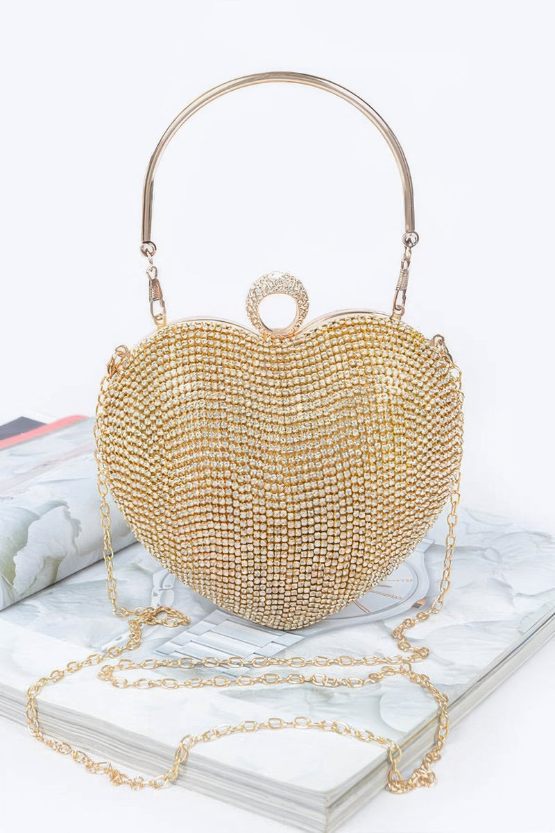 Heart Shape Party Clutch gold rhinestone heart handbag with top handle and detachable chain strap