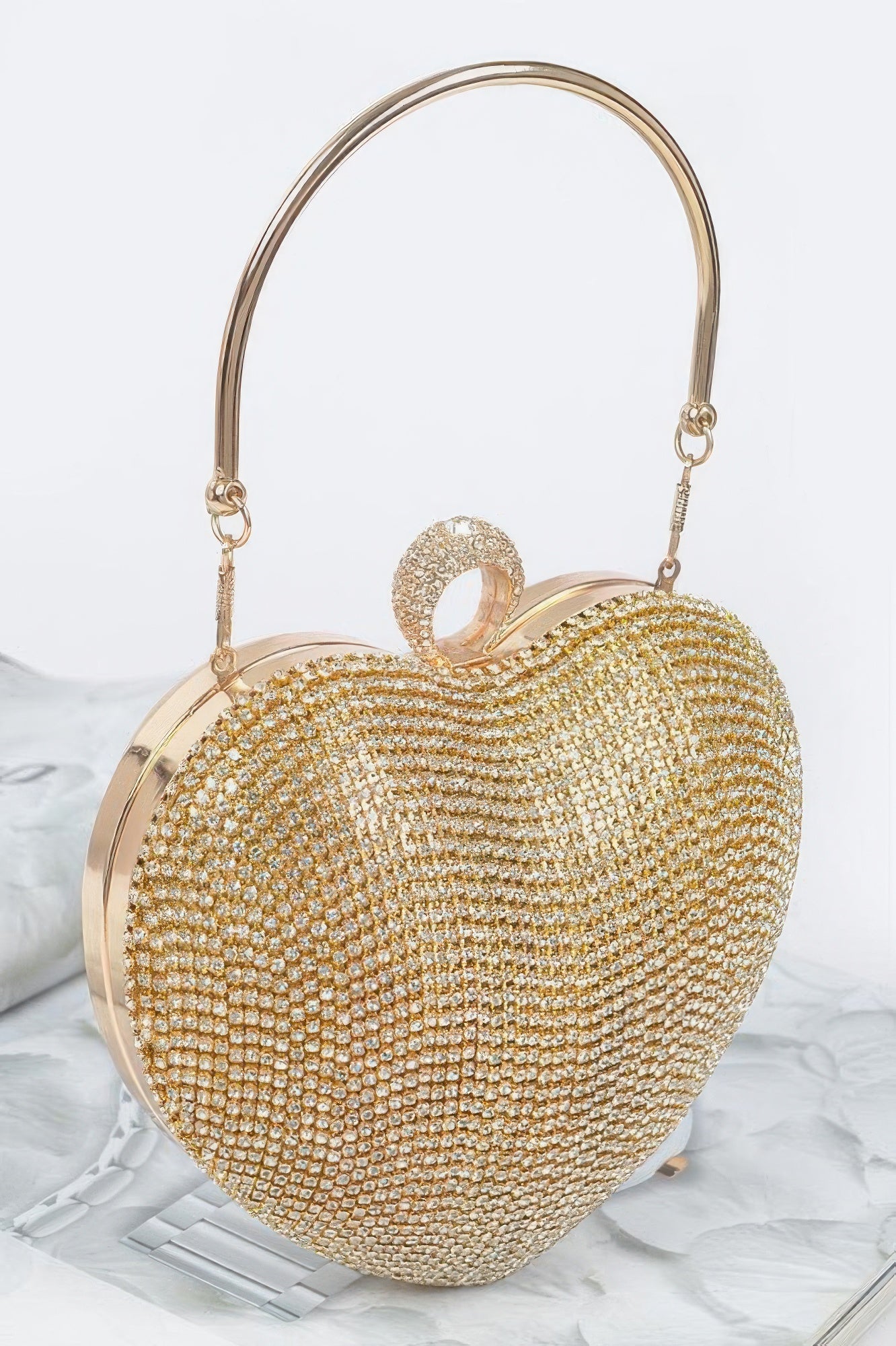 Heart Shape Party Clutch gold rhinestone evening bag with top handle and ring clasp for weddings and parties