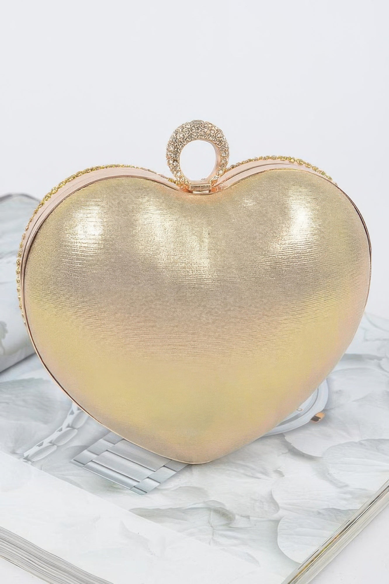 Heart Shape Party Clutch gold metallic heart evening bag with rhinestone ring clasp for weddings and parties