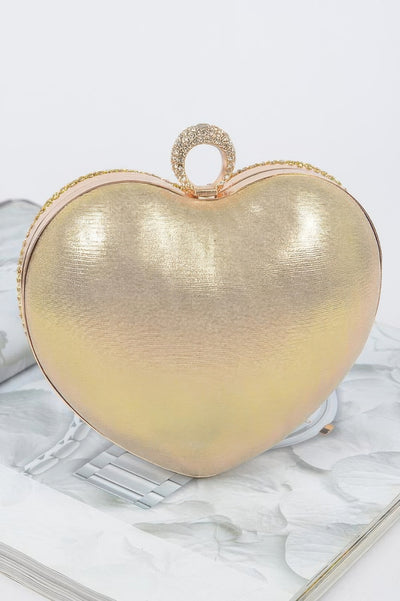 Heart Shape Party Clutch gold metallic heart evening bag with rhinestone ring clasp for weddings and parties