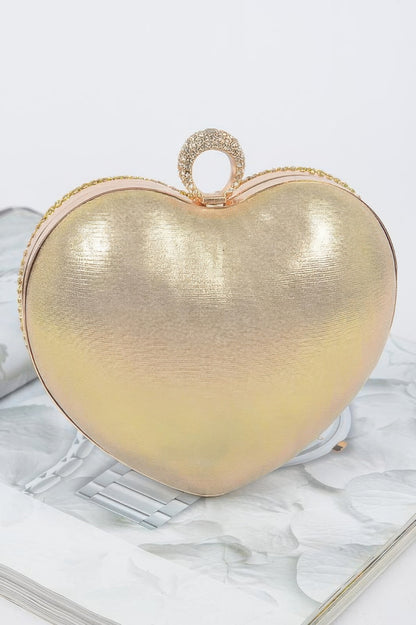 Heart Shape Party Clutch gold metallic heart evening bag with rhinestone ring clasp for weddings and parties
