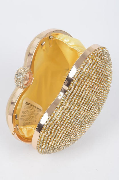 Gold rhinestone Heart Shape Party Clutch with jeweled clasp and satin yellow interior for evening events