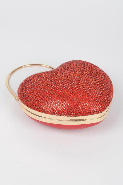 Heart Shape Party Clutch red rhinestone heart bag with gold metal frame and wrist strap for parties