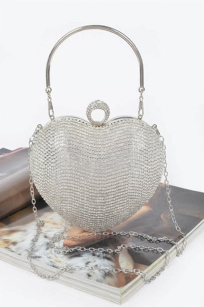 Heart Shape Party Clutch silver rhinestone heart shaped evening bag with top handle and chain strap