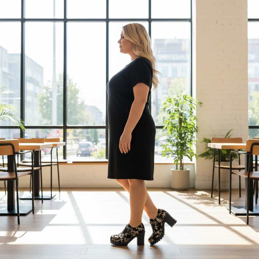 Gold block heel pumps side view lifestyle