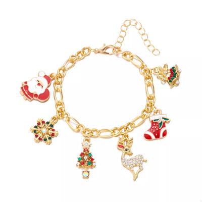 Gold-Plated Charm Bracelet featuring festive holiday charms like Santa, reindeer, and a Christmas tree
