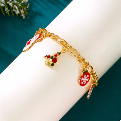 Festive Gold-Plated Charm Bracelet with Christmas Tree, Snowman, and Ornament Charms