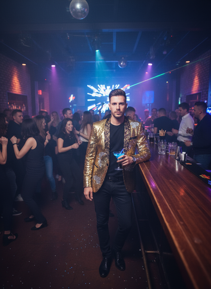 Gold sequin blazer at nightclub