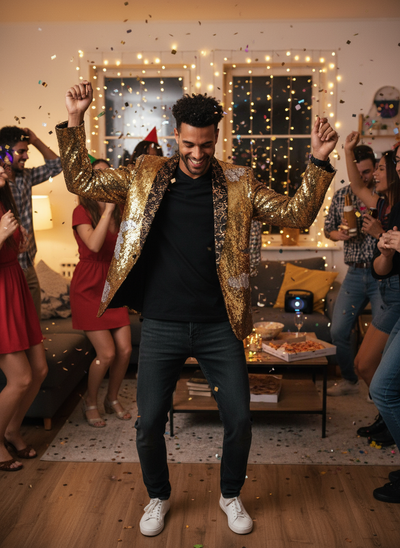 Gold sequin blazer dancing at house party
