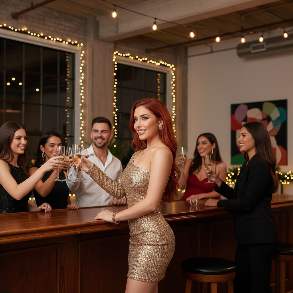 Gold sequin dress at holiday cocktail party