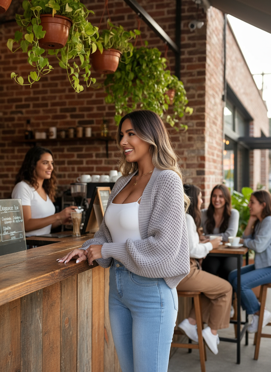 Gray batwing cardigan - brunette at cafe