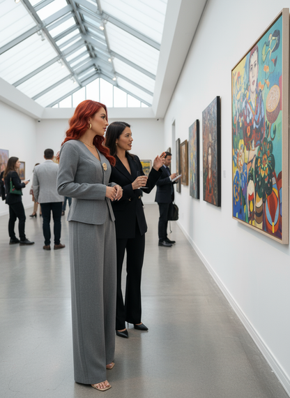 Gray blazer and wide-leg pants set art gallery lifestyle