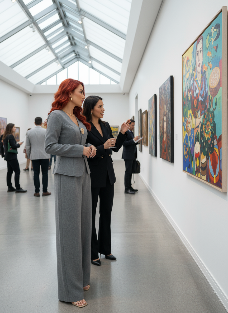 Gray blazer and wide-leg pants set art gallery lifestyle