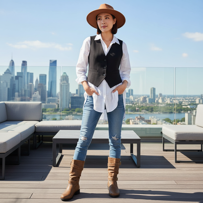 Gray mid-calf buckle strap boots rooftop terrace lifestyle