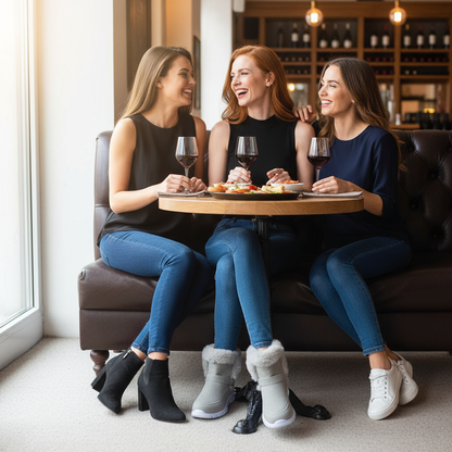 Gray round toe platform buckle boots wine bar friends lifestyle