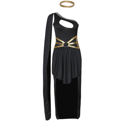 Elegant Greek Goddess Costume in black featuring gold accents and a dramatic one-shoulder design