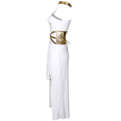 Elegant Greek Goddess Costume with Golden Accents and Flowing Design for Themed Events