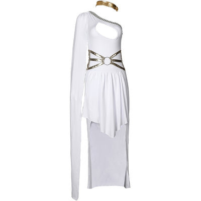Elegant Greek Goddess Costume with a stylish design, featuring gold embellishments and a flowing silhouette