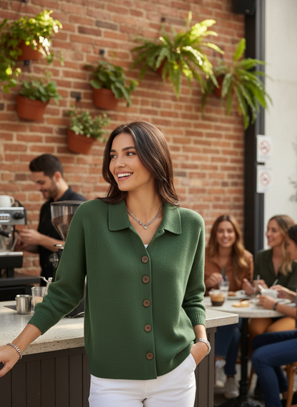 Green button-down cardigan - brunette at cafe