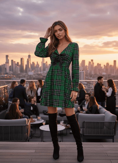 Plaid Mini Dress - V-Neck Tie Front Holiday Dress - Fashions Envy