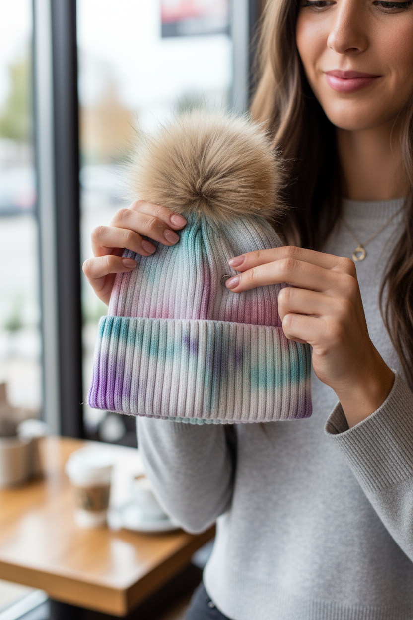 Grey tie-dyed beanie demonstrating detachable pom-pom