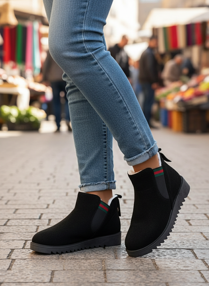 Half body shot showing designer stripe ankle boots clearly