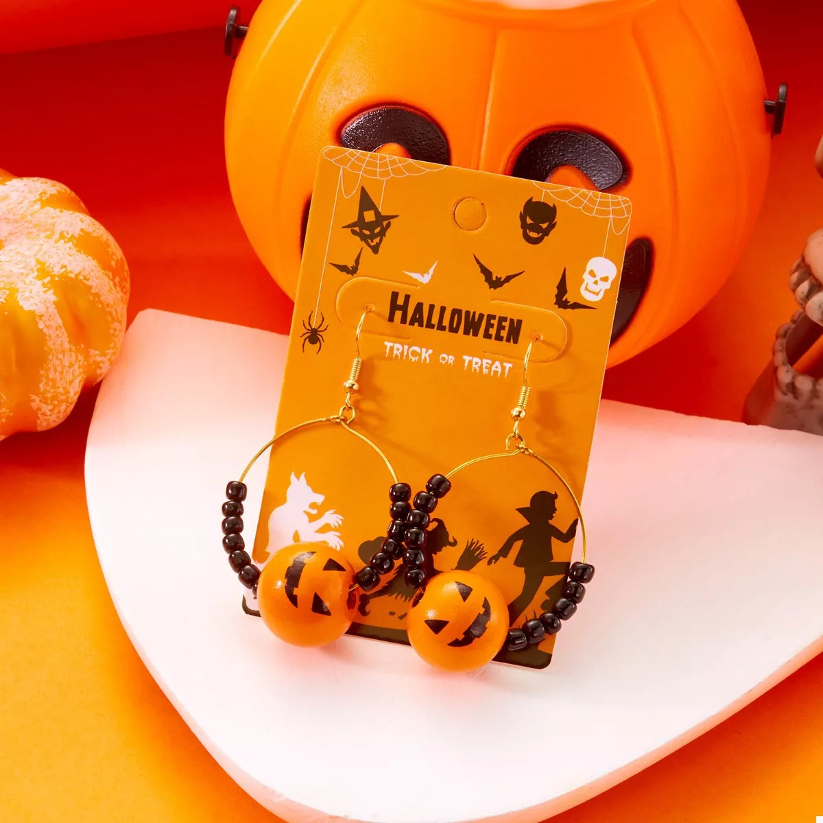 Halloween Bead Earrings with Pumpkin and Black Beads, Perfect for Halloween Celebrations
