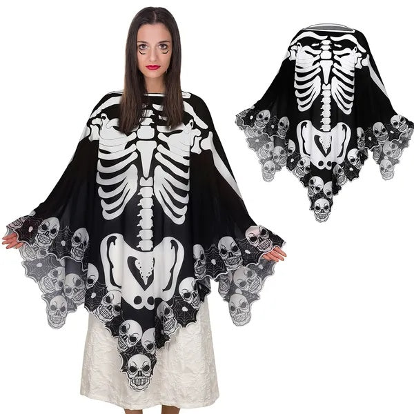 Halloween Costume Skeleton Skull Bones Lace Cape Shawl Poncho - Fashions Envy