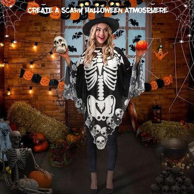 Halloween Costume Skeleton Skull Bones Lace Cape Shawl Poncho - Fashions Envy