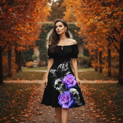CJ Halloween Skull Dress with purple roses and bat designs, perfect for a spooky season outfit