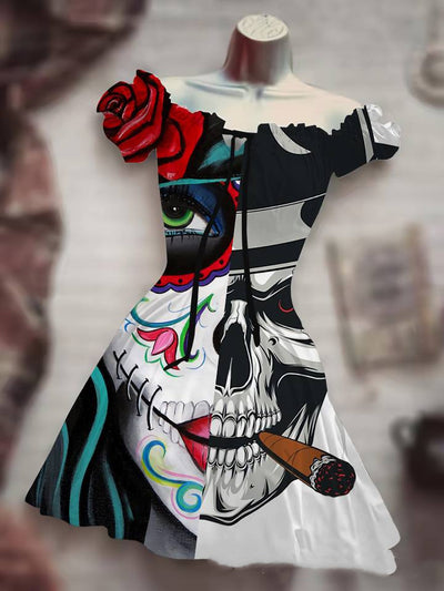 Colorful CJ Halloween Skull Dress featuring sugar skull designs and a flattering off-shoulder style