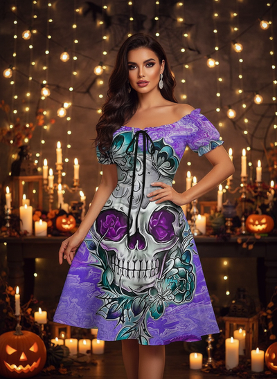 CJ Halloween Skull Dress in Purple with Floral Design and Off-Shoulder Sleeves for a Spooky Look