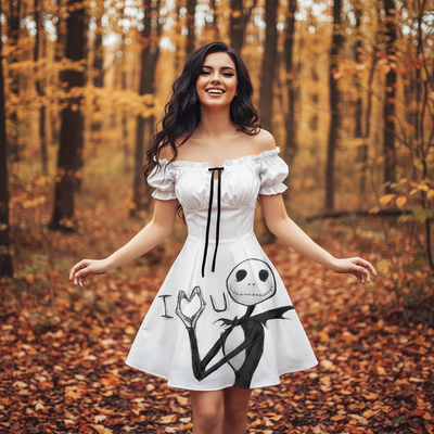 Halloween Skull Dress with off-the-shoulder style and Jack Skellington graphic for festive occasions