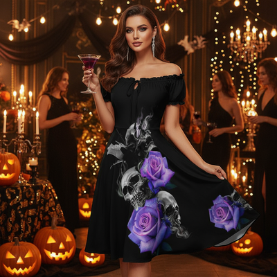 Halloween Skull Dress featuring purple roses and skulls, perfect for spooky celebrations
