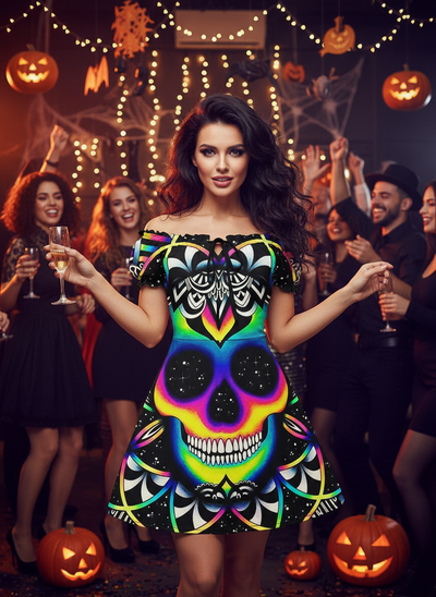 Colorful Halloween Skull Dress with vibrant skull print, perfect for Halloween parties and celebrations