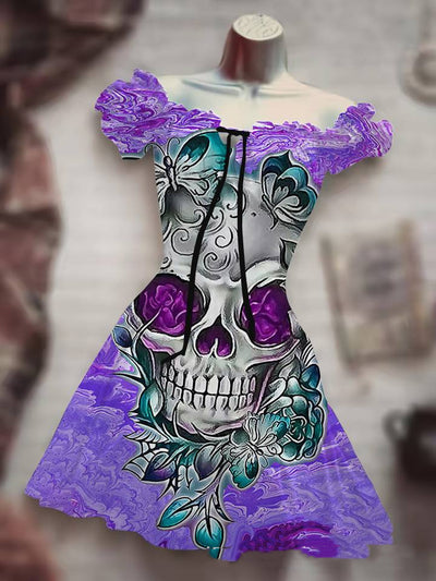 CJ Halloween Skull Dress with Colorful Floral Design and Off-Shoulder Style