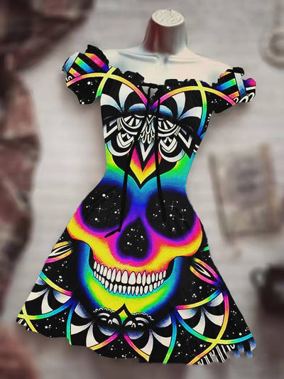 Colorful Halloween Skull Dress with Off-Shoulder Design and Vibrant Skull Print