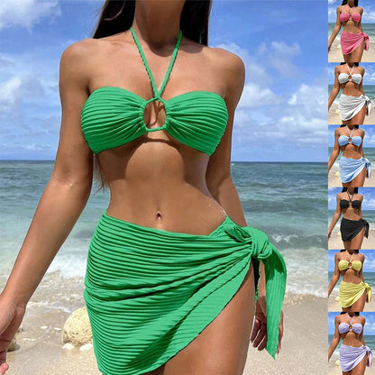 Green Halter Neck Bikini Set with a stylish skirt detail for beach lovers