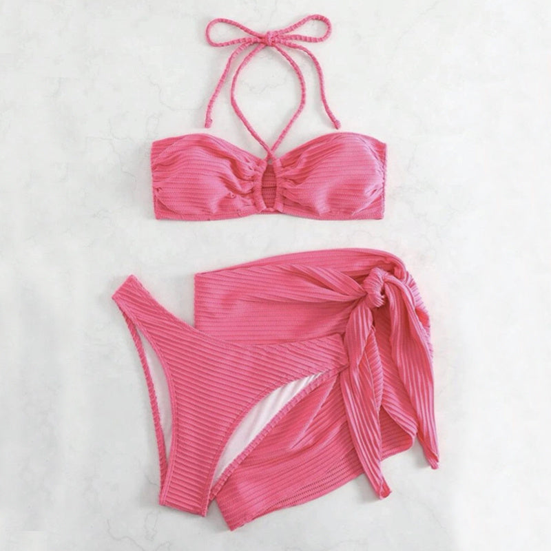 CJ Halter Neck Bikini Set in Pink with Adjustable Ties and Stylish Wrap Skirt