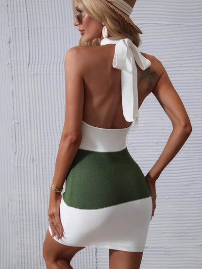 Color Block Halter Neck Knit Dress - Fashions Envy