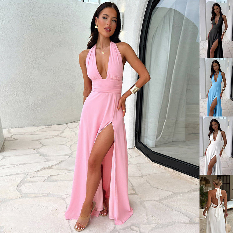 Elegant Halter Neck Maxi Dress in Pink with a High Slit for Stylish Summer Events
