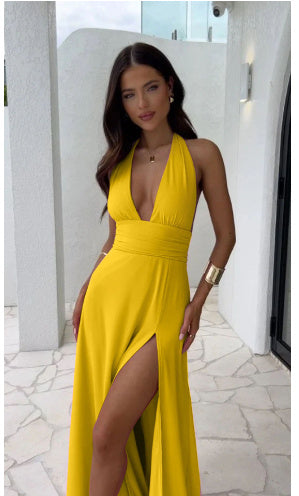 Stunning Yellow Halter Neck Maxi Dress with a Slit for Elegant Summer Style
