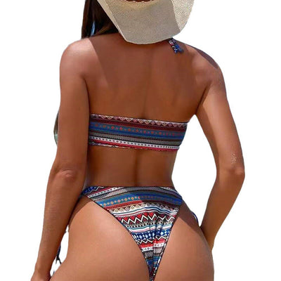 Trendsi Halter Split Self Tie Bikini with colorful tribal pattern worn by woman from back