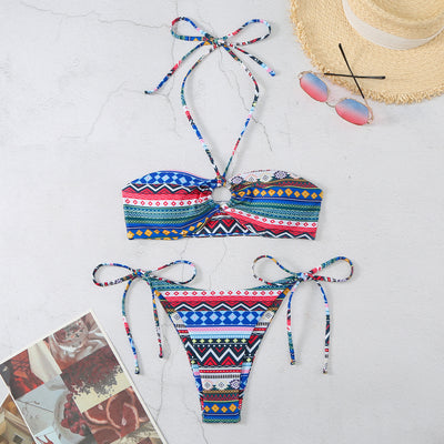 Trendsi Halter Split Self Tie Bikini with colorful geometric patterns styled with sunglasses and straw hat
