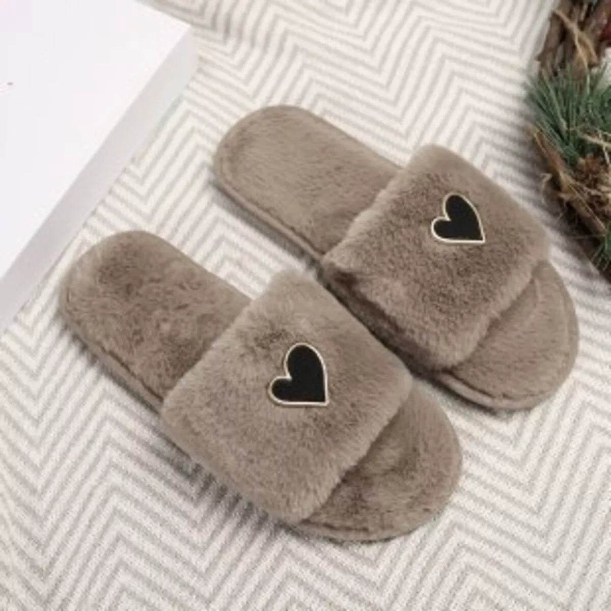 Heart Open Toe Flat Slippers - Cozy PU Leather Slippers - Fashions Envy