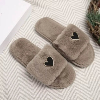 Heart Open Toe Flat Slippers - Cozy PU Leather Slippers - Fashions Envy